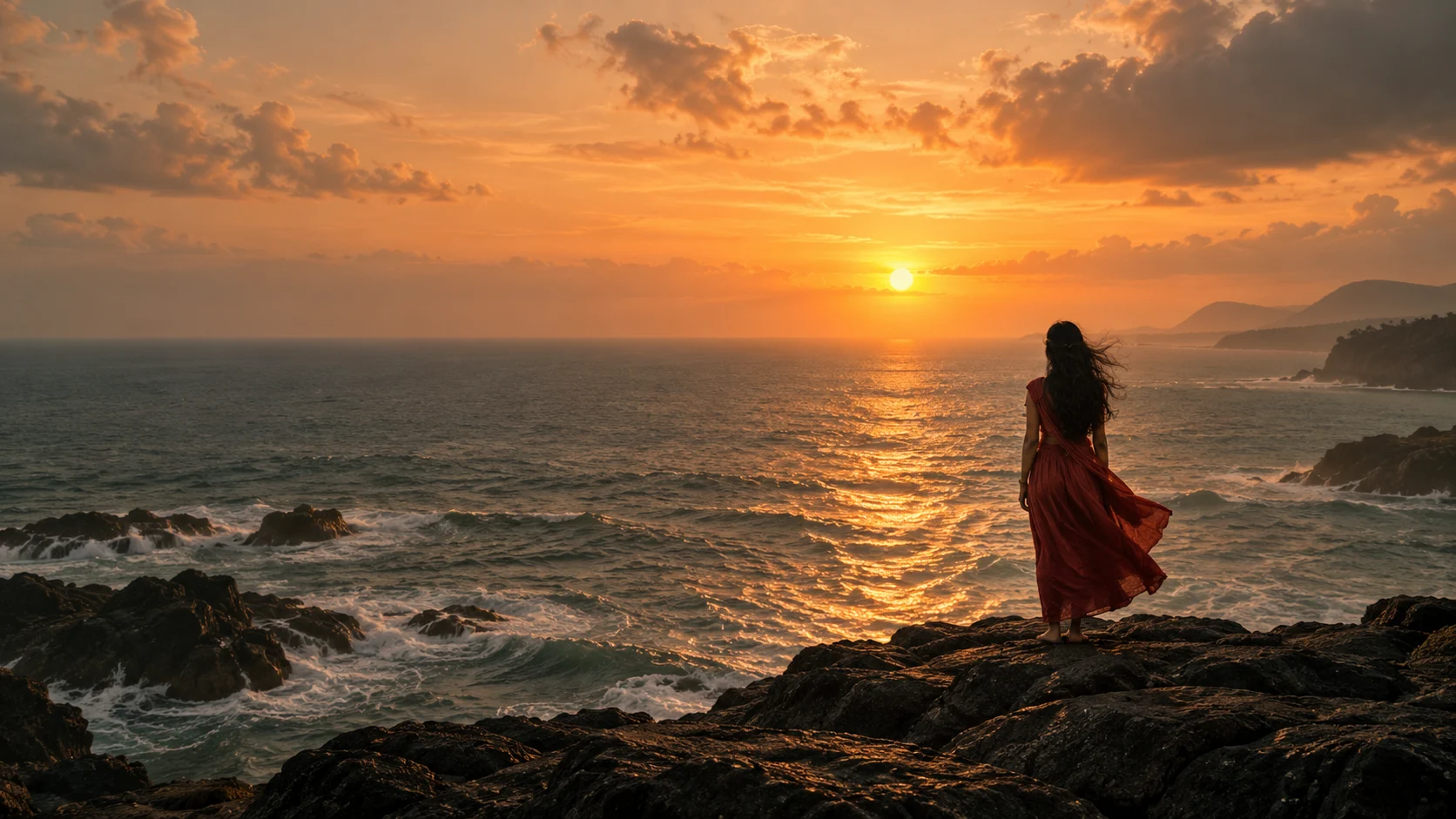 A woman in a red dress facing a golden horizon from a rocky shore